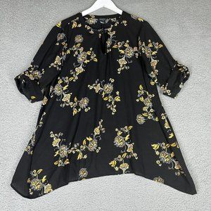 Torrid Women's 0/ Large Blouse Tunic Flowy Keyhole Roll Tab Sleeve Floral Black